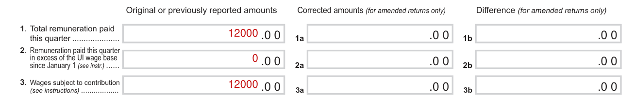 Form NYS-45 example filled out, part A, lines 1 to 3