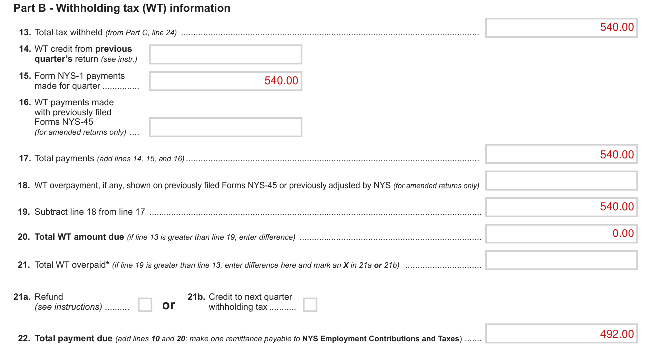 Form NYS-45 example filled out, part B, line 13: tax withheld