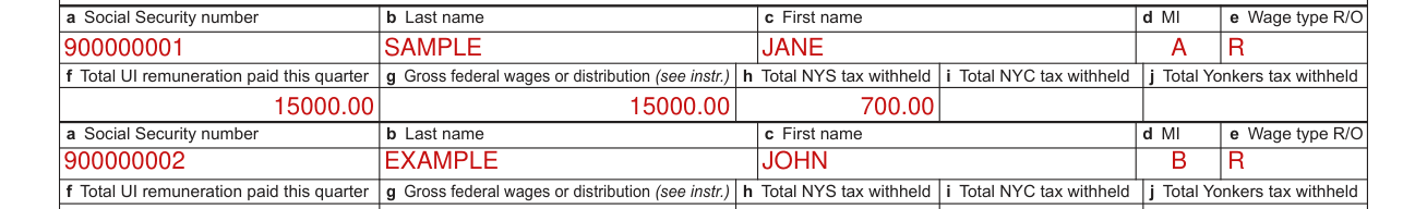 Form NYS-45 example filled out, part C, boxes a to e: each employee