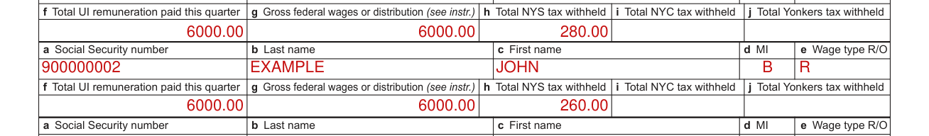 Form NYS-45 example filled out, part C, boxes f and h: the amounts
