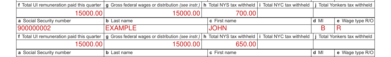 Form NYS-45 example filled out, part C, boxes f to j: the amounts