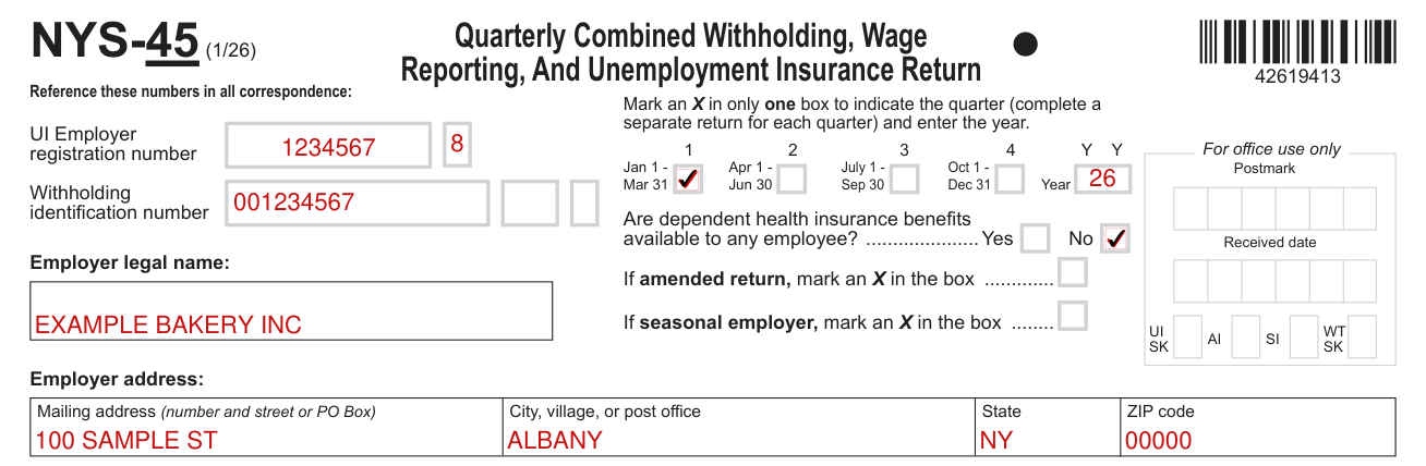 Form NYS-45 example filled out, the quarter, the year and the employer