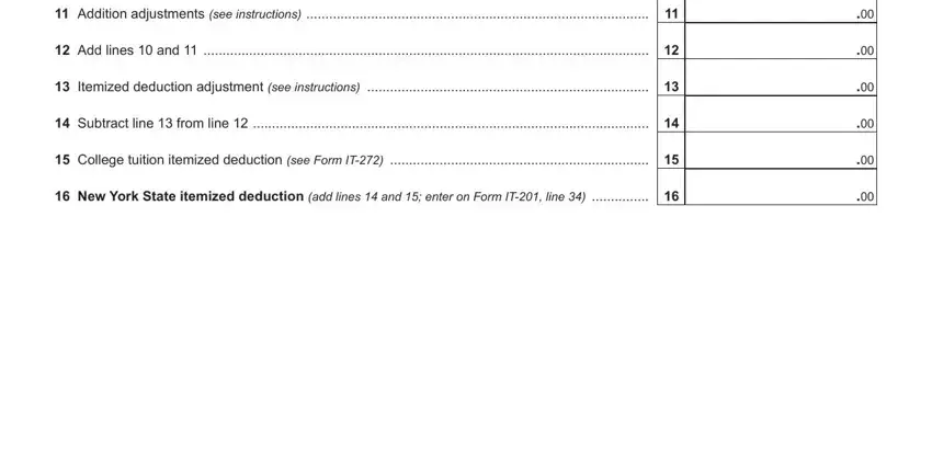 nys tax form it 201 2020 Addition adjustments see, Add lines  and, Itemized deduction adjustment see, Subtract line  from line, College tuition itemized, and New York State itemized deduction blanks to complete