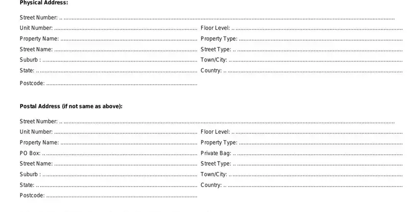 nz customs nzcs 224 Physical Address, Street Number, Unit Number, Floor Level, Property Name, Property Type, Street Name, Street Type, Suburb, TownCity, State, Country, Postcode, Postal Address if not same as above, and Street Number blanks to complete