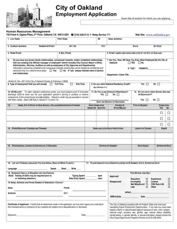 Oakland Employment Application Form Preview