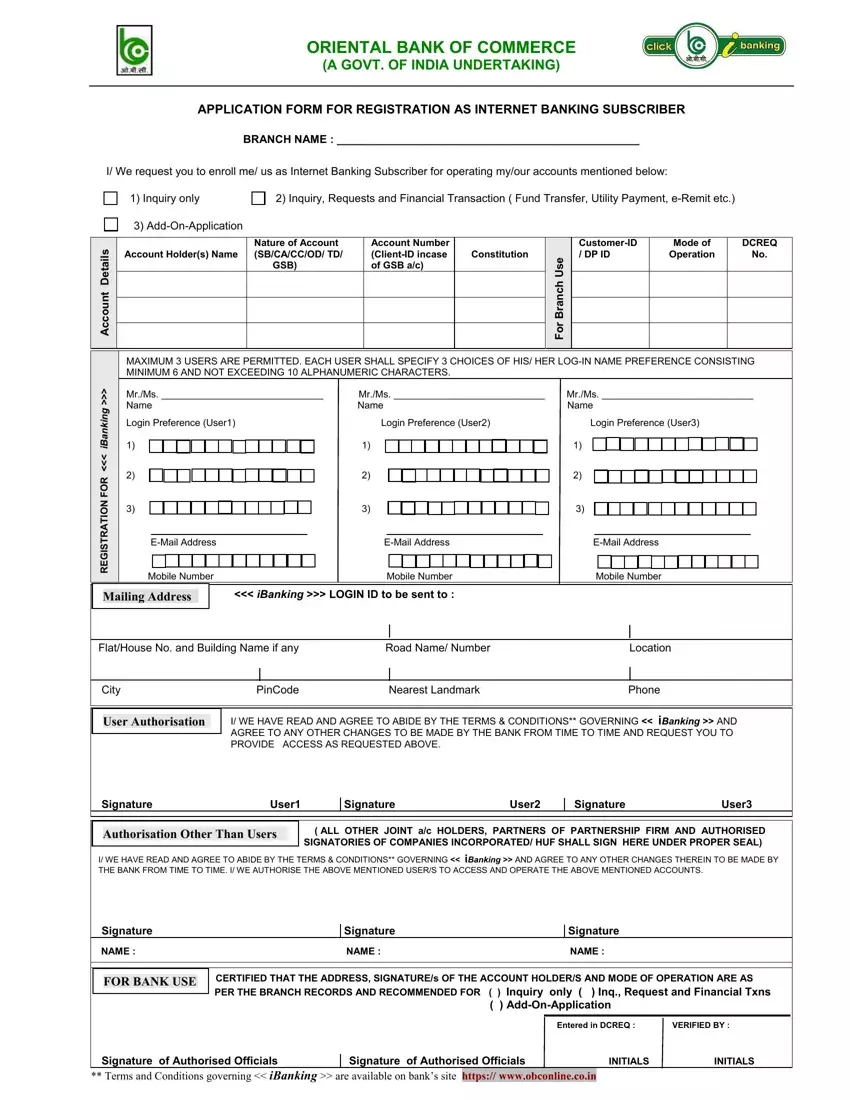 Obc Mobile Banking Form first page preview