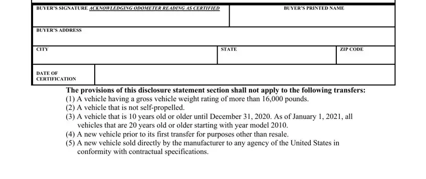 nc odometer disclosure statement BUYERS SIGNATURE ACKNOWLEDGING, BUYERS PRINTED NAME, BUYER SECTION, BUYERS ADDRESS, CITY, DATE OF CERTIFICATION, STATE, ZIP CODE, and The provisions of this disclosure fields to insert