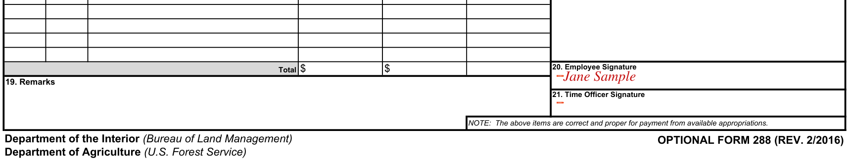 Optional Form 288 example filled out, commissary and Travel, and Remarks