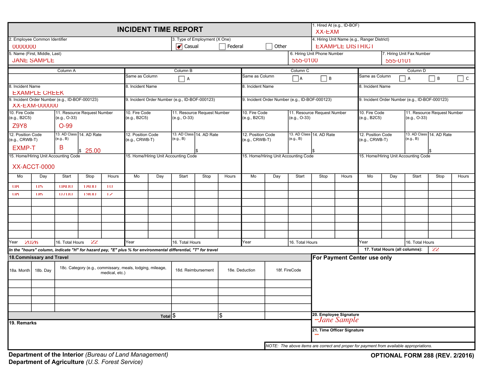 Optional Form 288 example filled out, example: one person reports two days on one incident