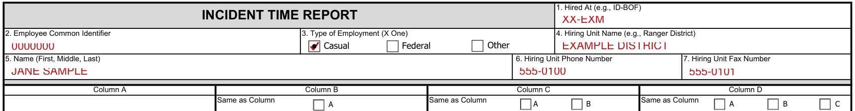 Optional Form 288 example filled out, hired At, employee and hiring unit