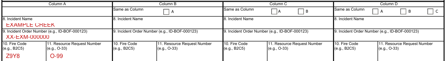 Optional Form 288 example filled out, incident, by Column A, B, C and D
