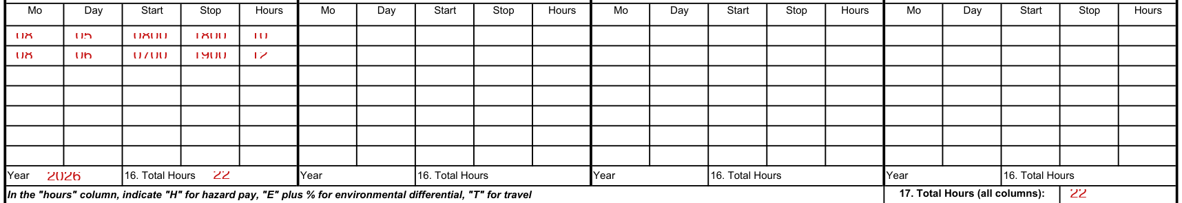 Optional Form 288 example filled out, mo, Day, Start, Stop and Total Hours