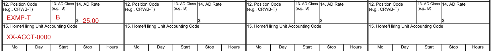 Optional Form 288 example filled out, position, class, rate and accounting code