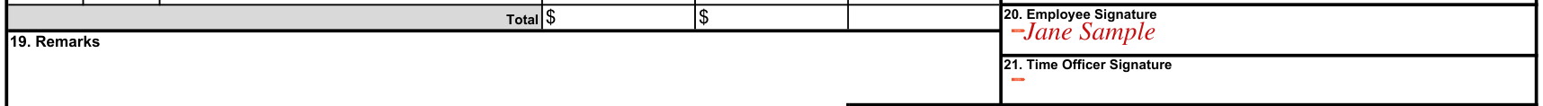 Optional Form 288 example filled out, signatures and the Time Officer