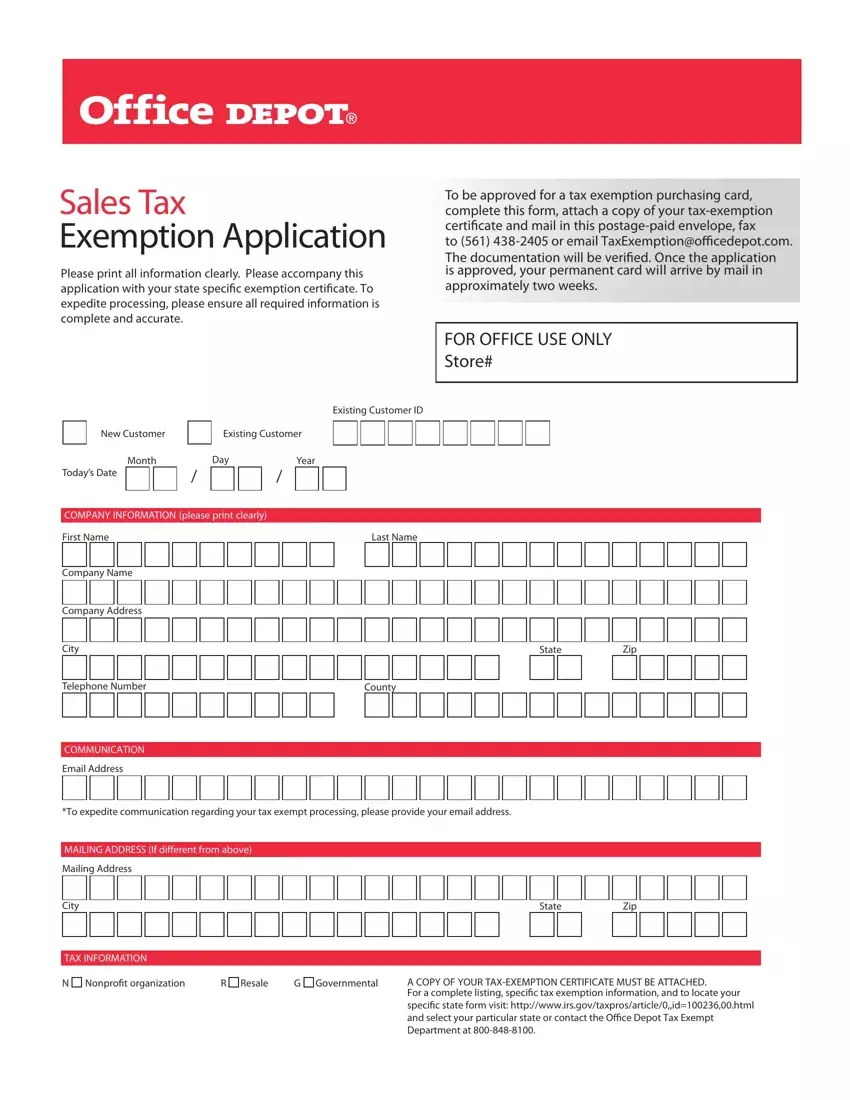 Office Depot Tax Exempt first page preview