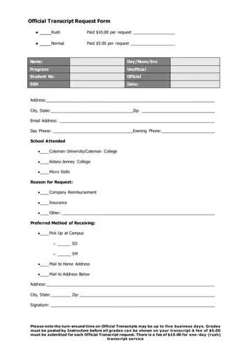 Official College Transcript Request Form Preview