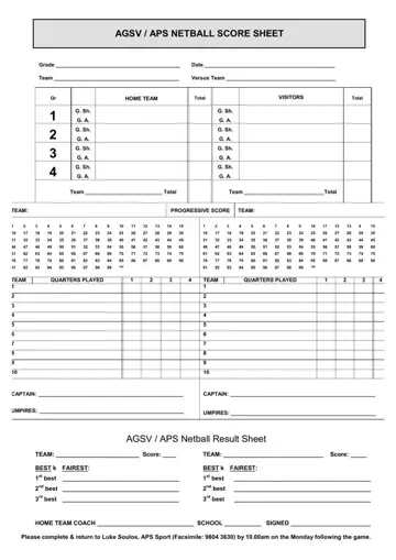 Official Netball Score Sheet Form Preview