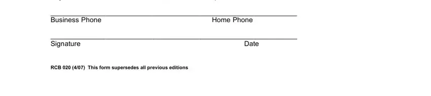 CPFT City, State Zip Code, Business Phone, Home Phone, Signature, Date, and RCB   This form supersedes all fields to insert