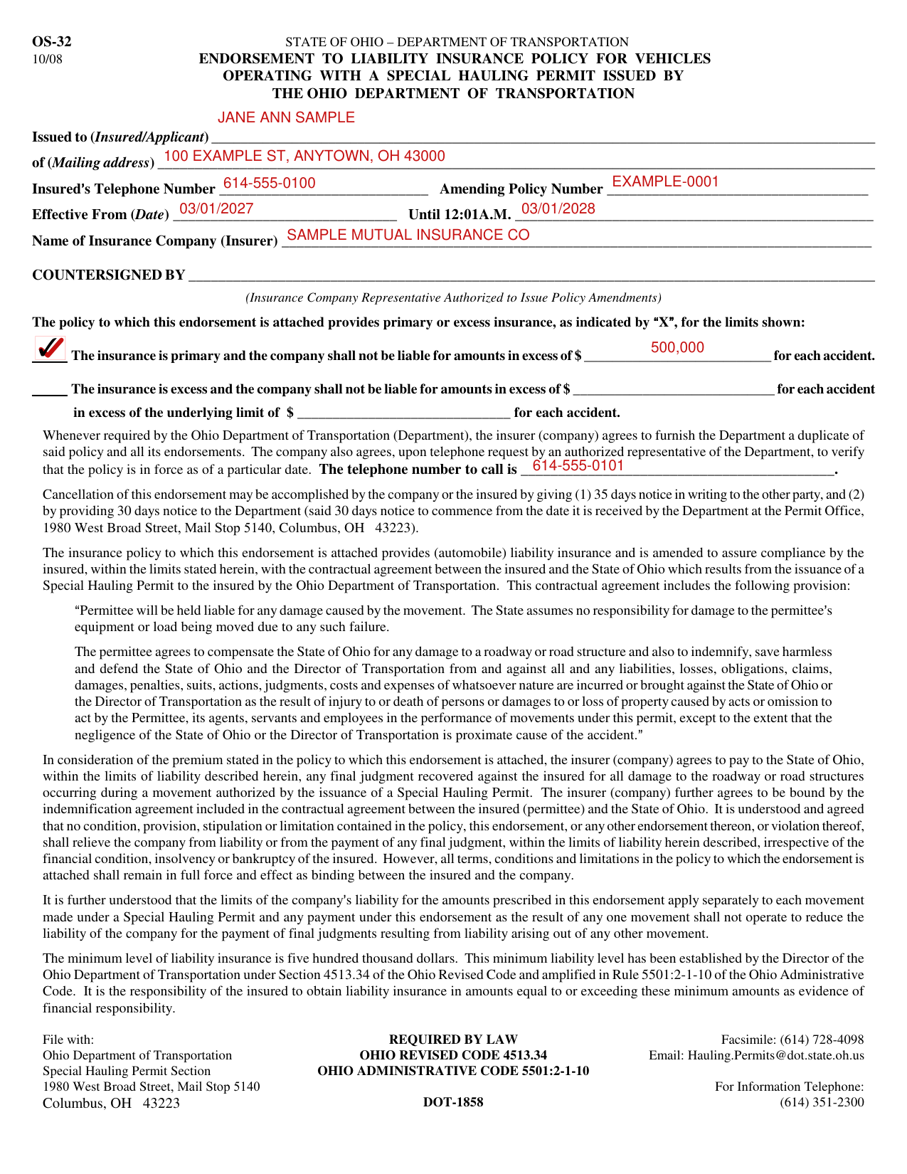 Form OS-32 example filled out, example: a primary policy for a hauling permit