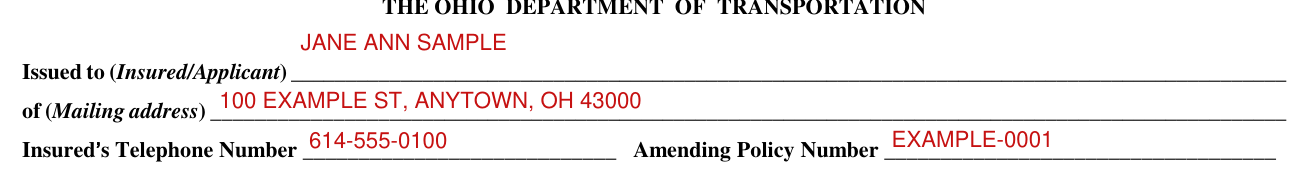 Form OS-32 example filled out, issued to, Mailing address, Telephone Number and Amending Policy Number
