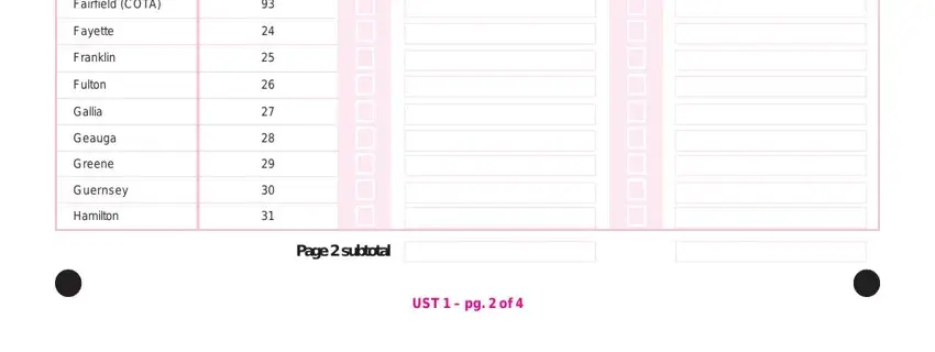 ohio sales tax ust 1 Fairfield COTA, Fayette, Franklin, Fulton, Gallia, Geauga, Greene, Guernsey, Hamilton, Page  subtotal, and UST   pg  of blanks to complete