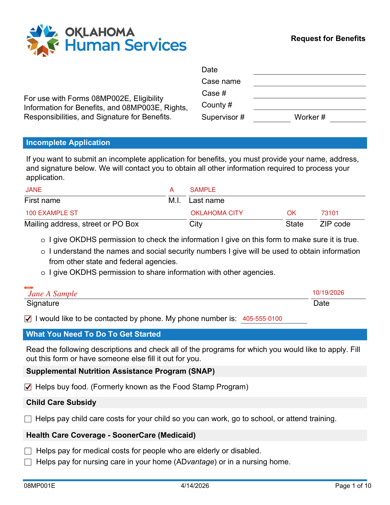 Form 08MP001E example filled out, example: a person asks for SNAP benefits