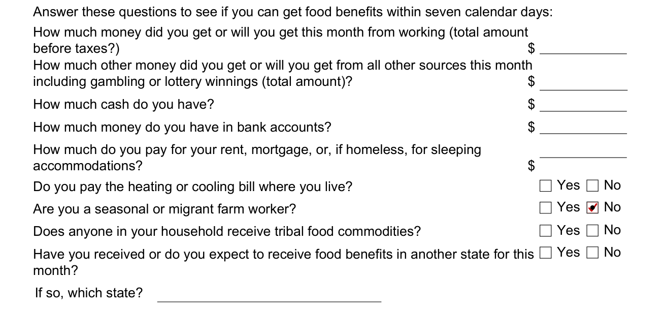 Form 08MP001E example filled out, food benefits within seven calendar days