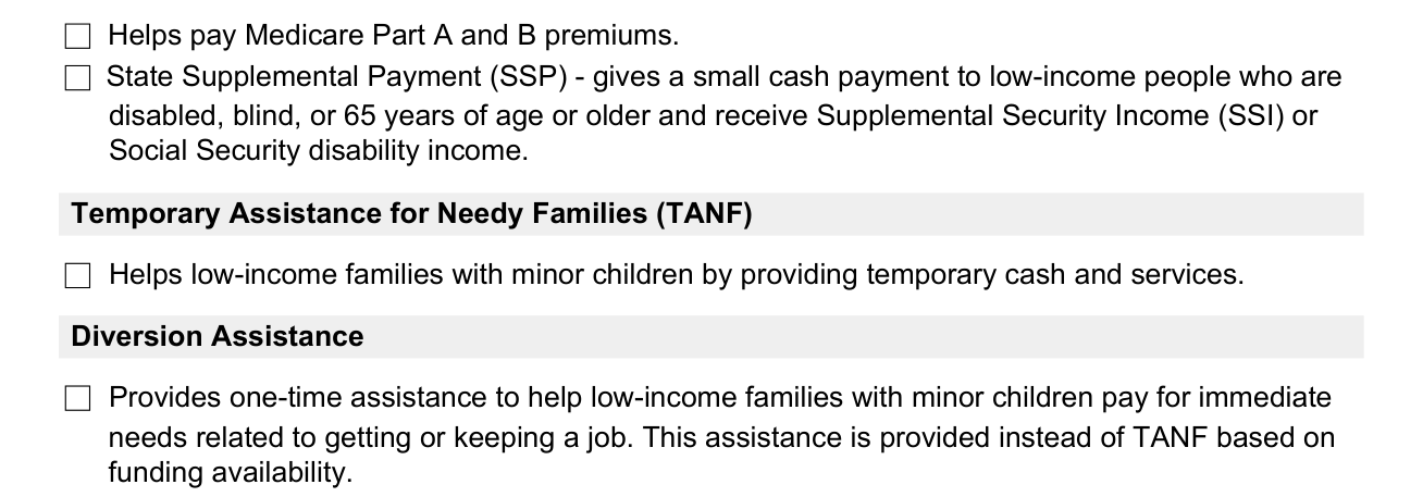 Form 08MP001E example filled out, medicare Part A and B premiums, State Supplemental Payment (SSP), Temporary Assistance for Needy Families (TANF) and Diversion Assistance