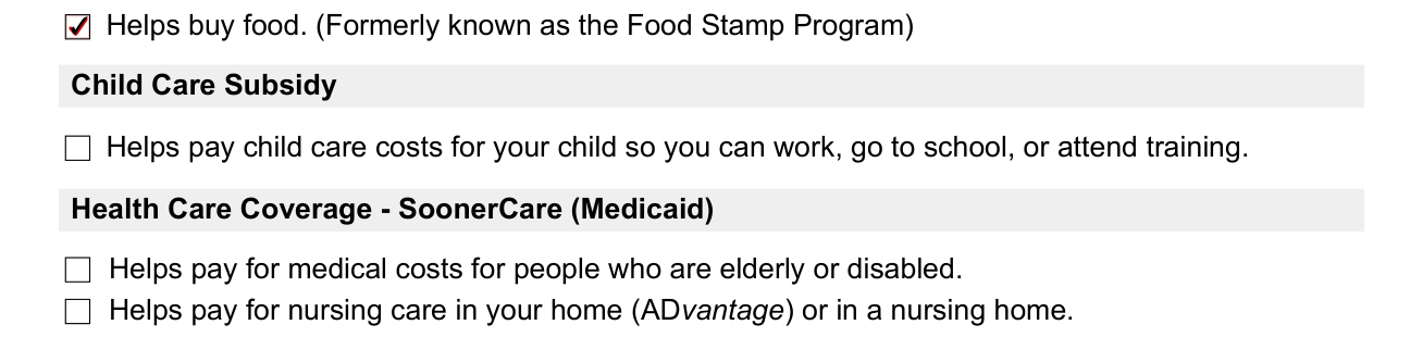 Form 08MP001E example filled out, programs: Supplemental Nutrition Assistance Program (SNAP), Child Care Subsidy and Health Care Coverage - SoonerCare (Medicaid)