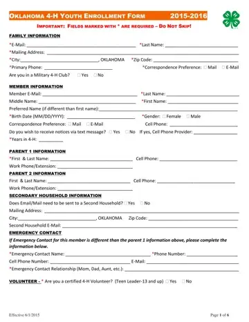 Oklahoma 4 H Youth Enrollment Form Preview
