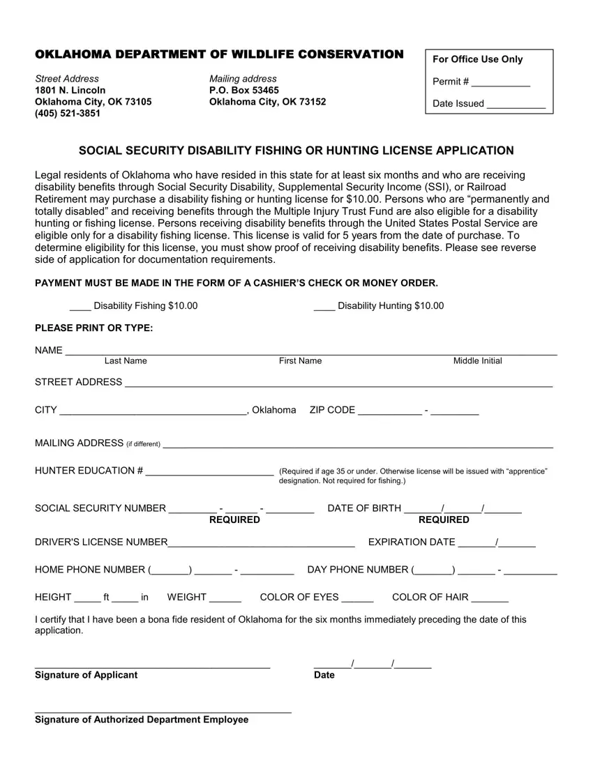 Oklahoma Fishing License Application first page preview