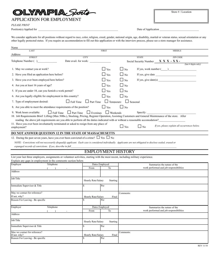 Olympia Sports Job Application first page preview