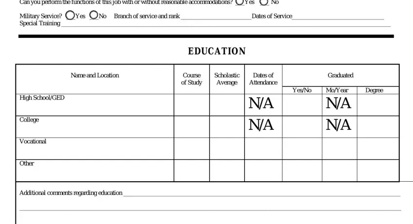 once upon child application printable Can you perform the functions of, Military Service Yes No Branch of, EDUCATION, Name and Location, Course of Study, Scholastic Average, Dates of Attendance, Graduated, YesNo, MoYear, Degree, NA NA, NA NA, High SchoolGED, and College fields to fill
