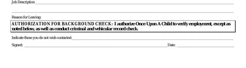 once upon child application printable Job Description, Reason for Leaving, AUTHORIZATION FOR BACKGROUND CHECK, Indicate those you do not wish, and Signed Date blanks to fill