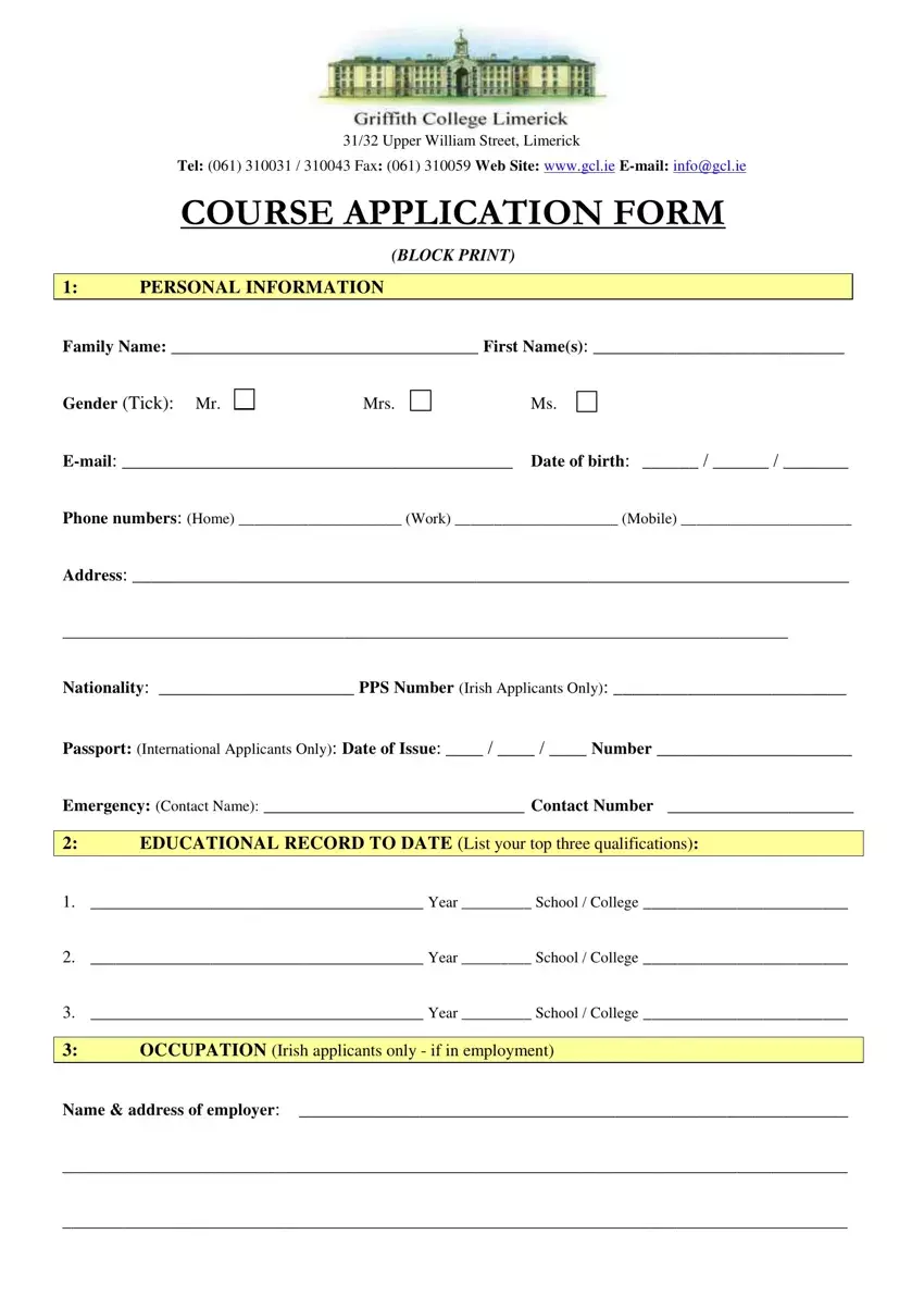 Online College Application Form first page preview