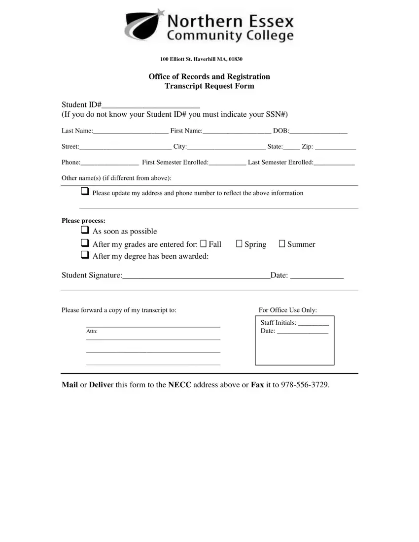 Online Necc Transcript Request Form first page preview