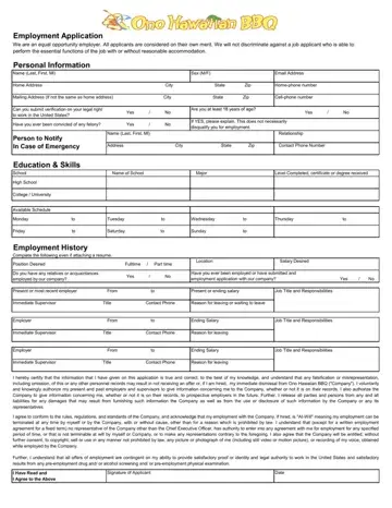 Ono Hawaiian Bbq Job Application Form Preview