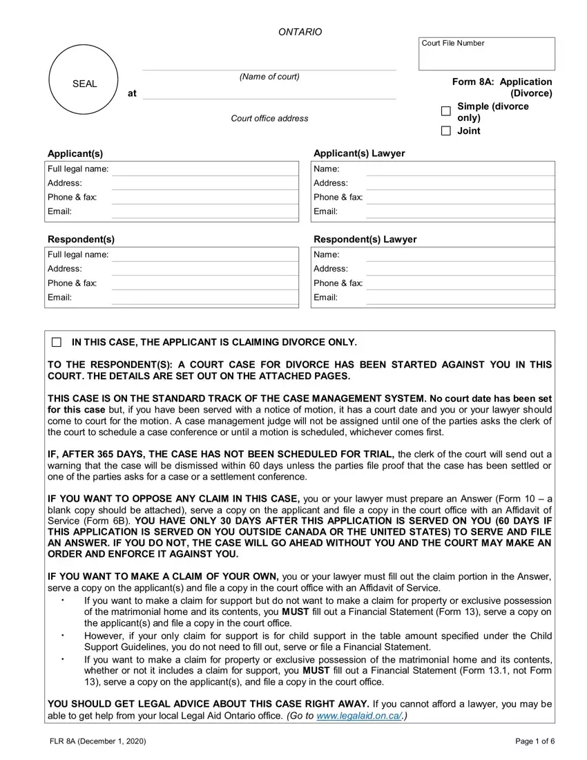 Ontario Divorce Form 8A first page preview