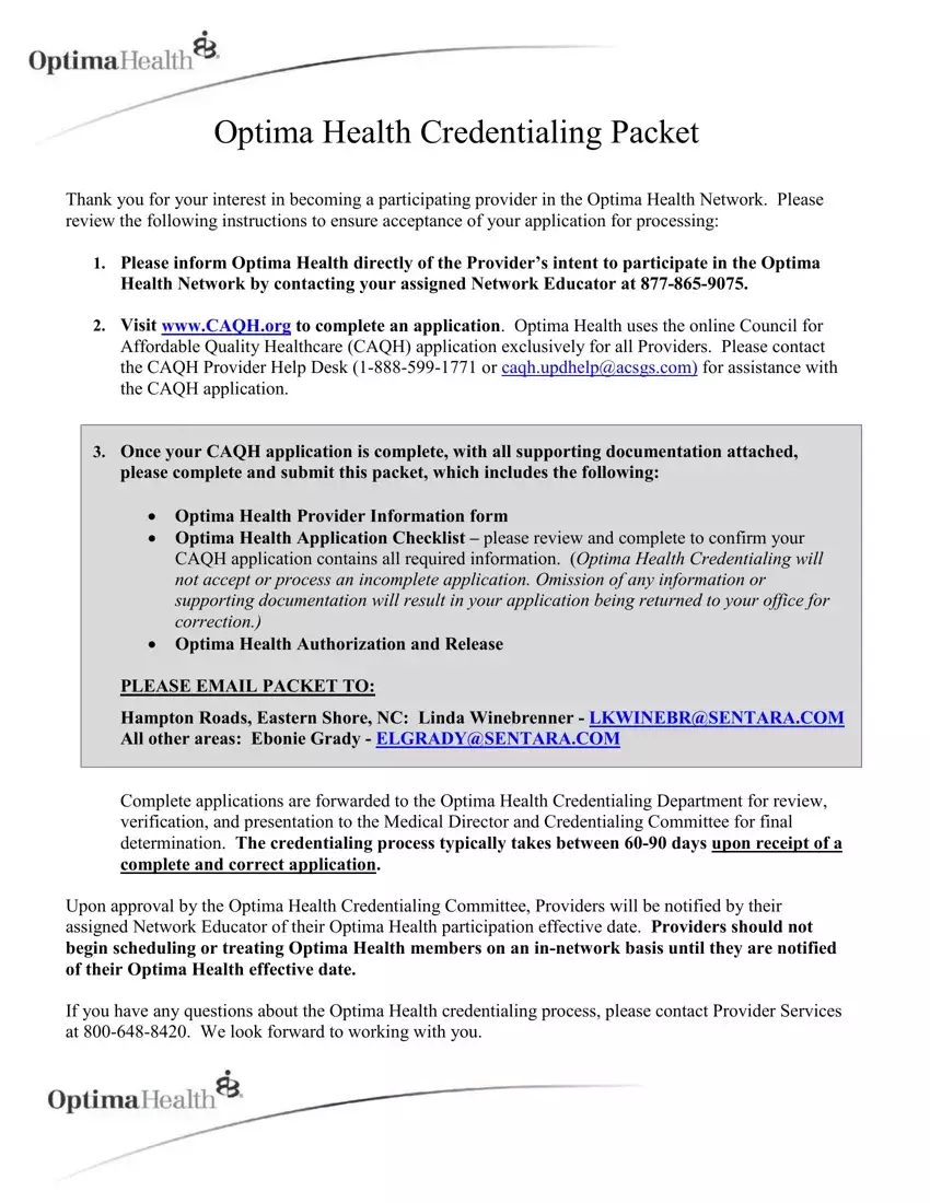 Optima Credentialing first page preview