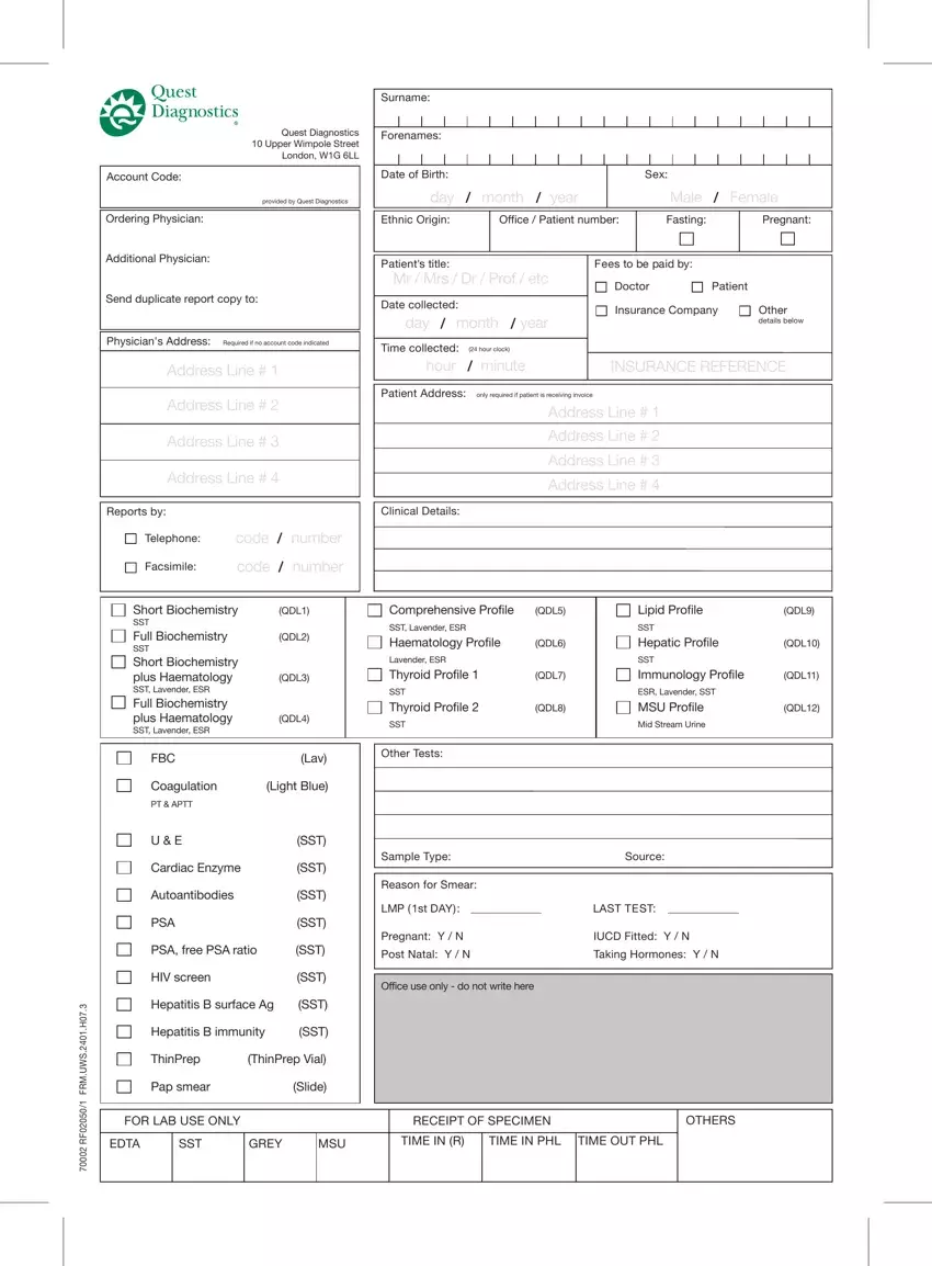Order Form Quest Diagnostics first page preview