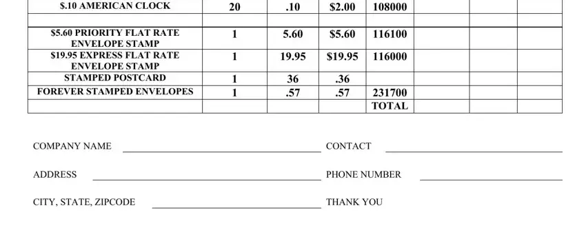 postal stamps fax form TIFFANY LAMP  NAVAJO JEWERLY, PRIORITY FLAT RATE ENVELOPE STAMP, COMPANY NAME, ADDRESS, CITY STATE ZIPCODE, TOTAL, CONTACT, PHONE NUMBER, and THANK YOU fields to fill