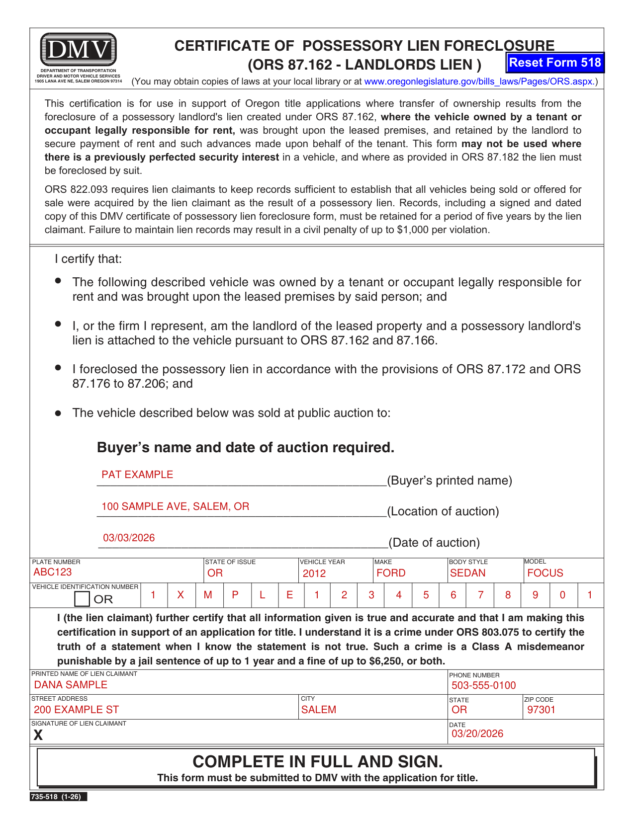 Packet 735-6828 example filled out, example: a landlord certifies a tenant's car sale