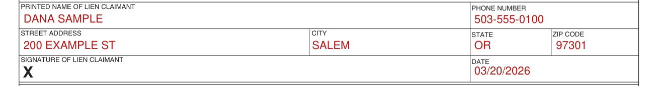 Packet 735-6828 example filled out, printed name of lien claimant and signature