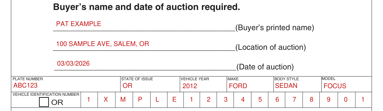 Packet 735-6828 example filled out, vehicle sold at public auction