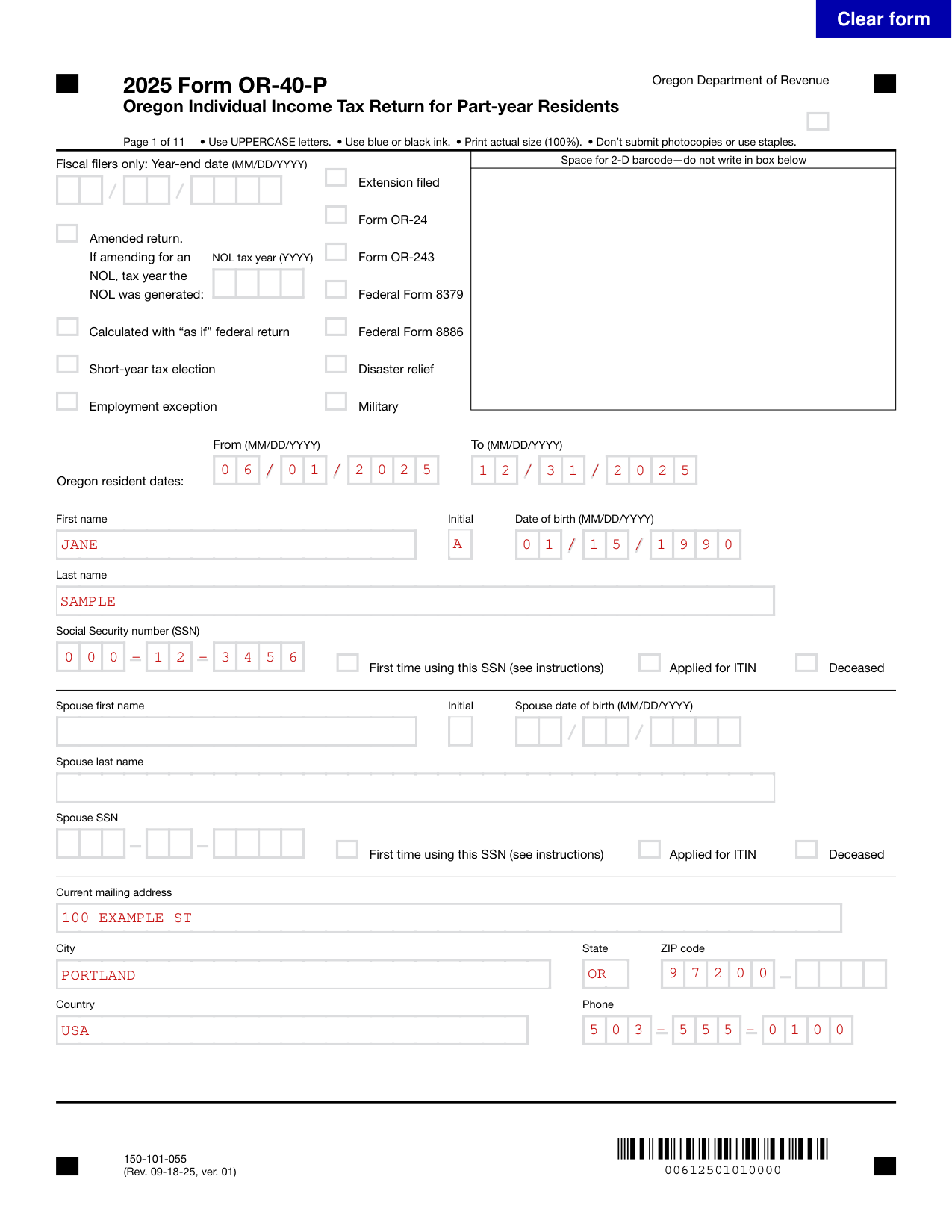 Form OR-40-P example filled out, example: a part-year resident fills out page 1