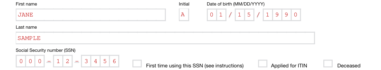 Form OR-40-P example filled out, your name, date of birth and Social Security number