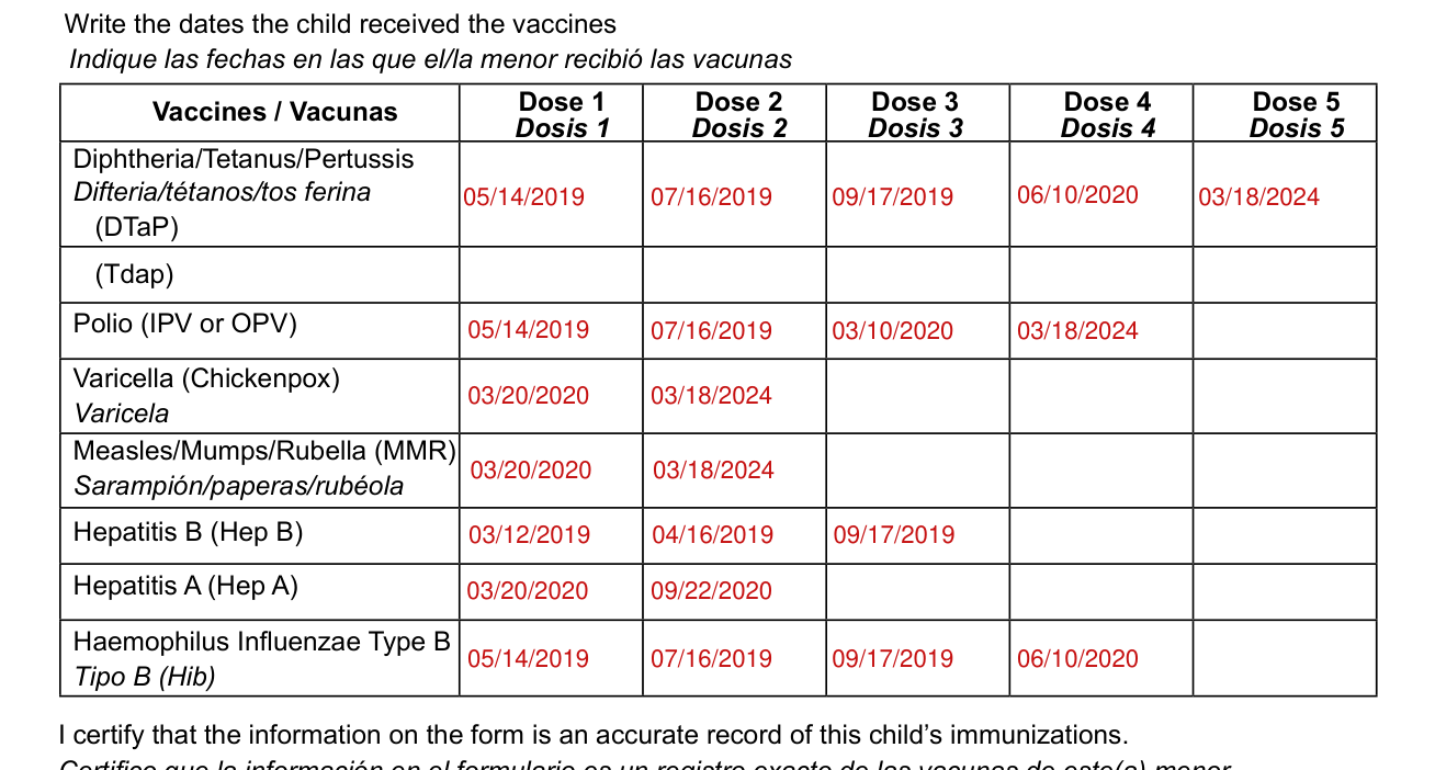 Form 53-05A example filled out, dates the child received the vaccines