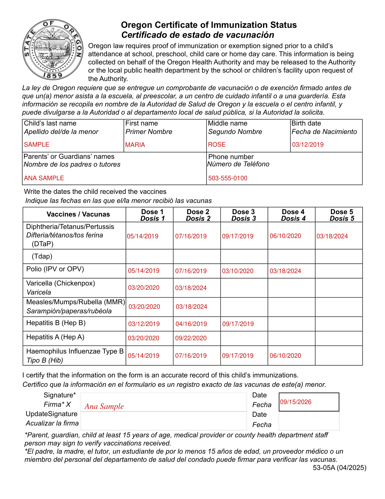 Form 53-05A example filled out, example: a parent records a child's vaccine doses