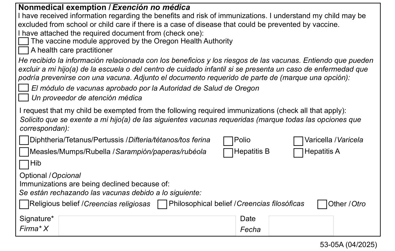 Form 53-05A example filled out, nonmedical exemption