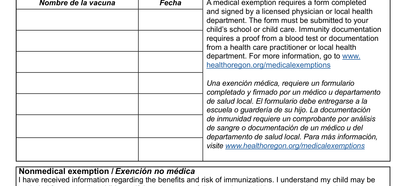 Form 53-05A example filled out, other vaccines received